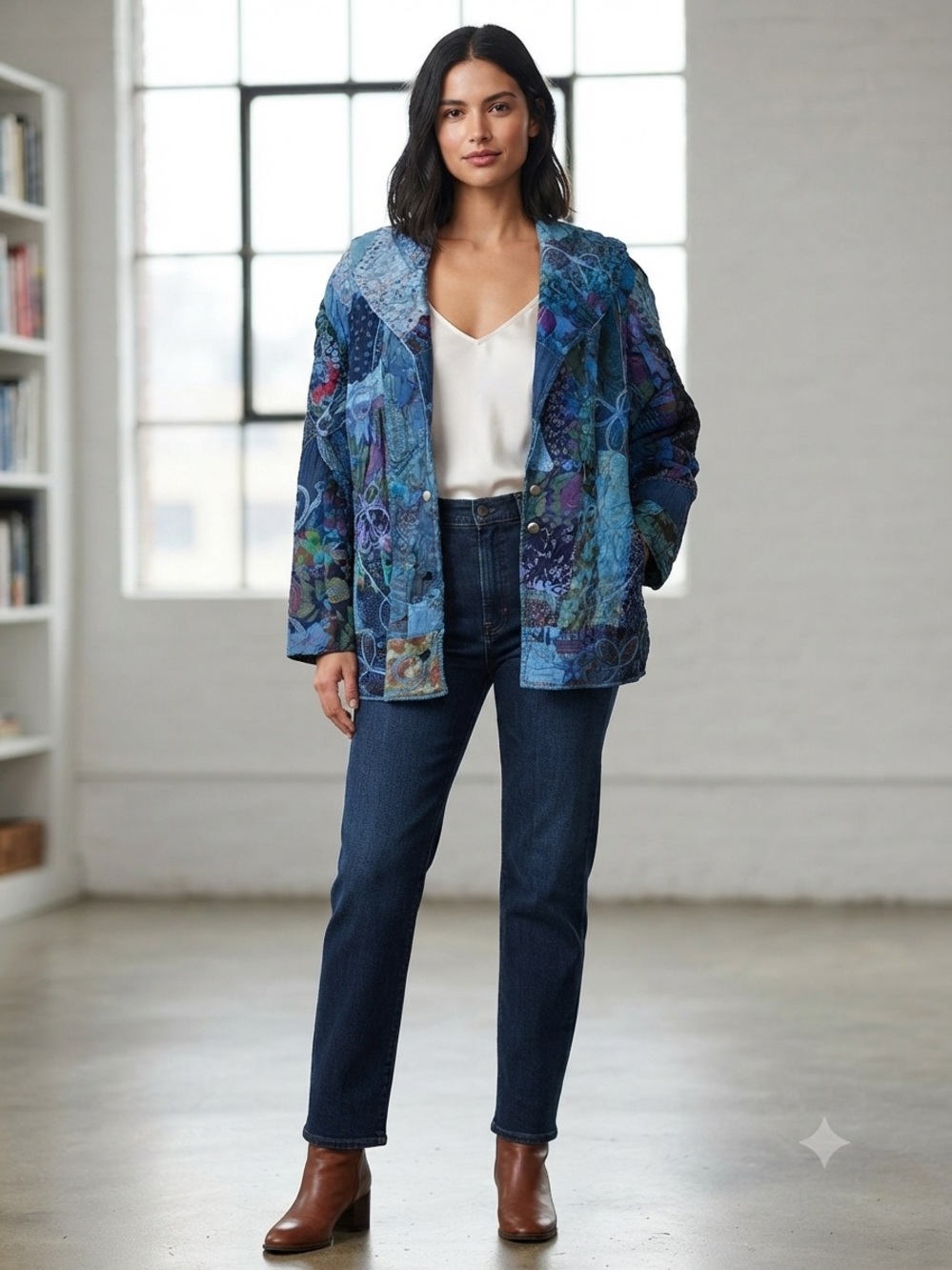 Vintage Du Wald Blue Patchwork Mixed Media Wearable Art Quilted Jacket Large